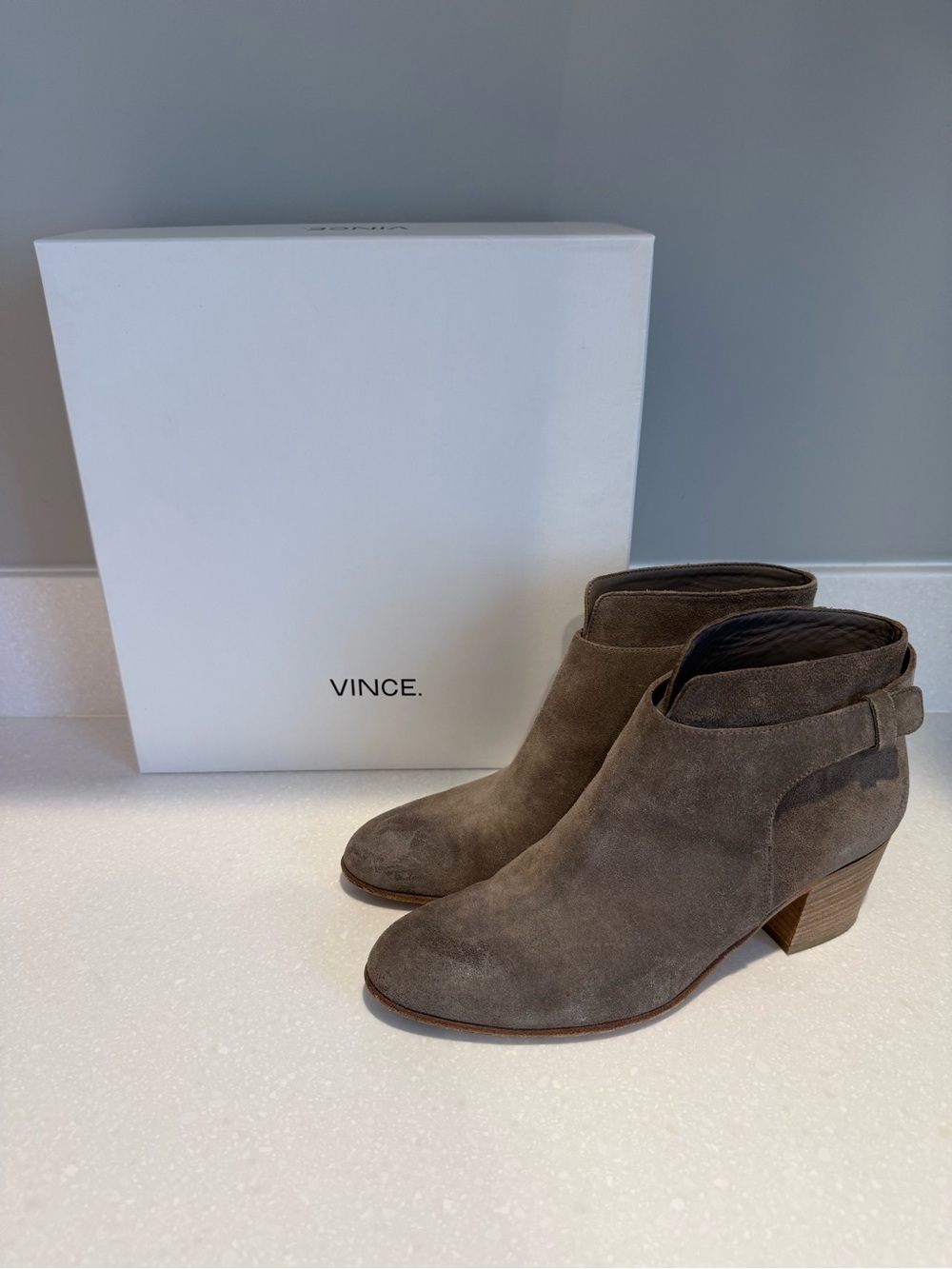 Vince Taupe Suede Ankle Booties with Block Heel